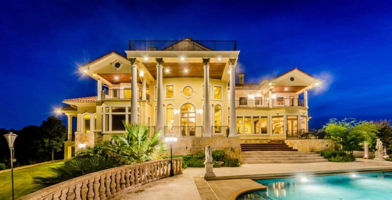 A large house with a pool.