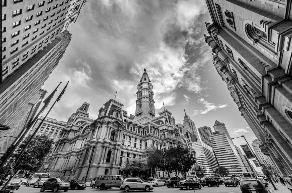 Philadelphia city hall in black and white.