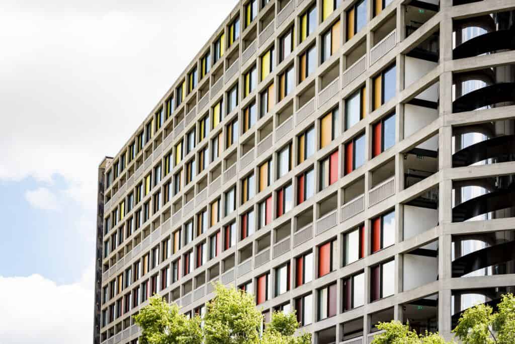 A large building with many colorful windows.