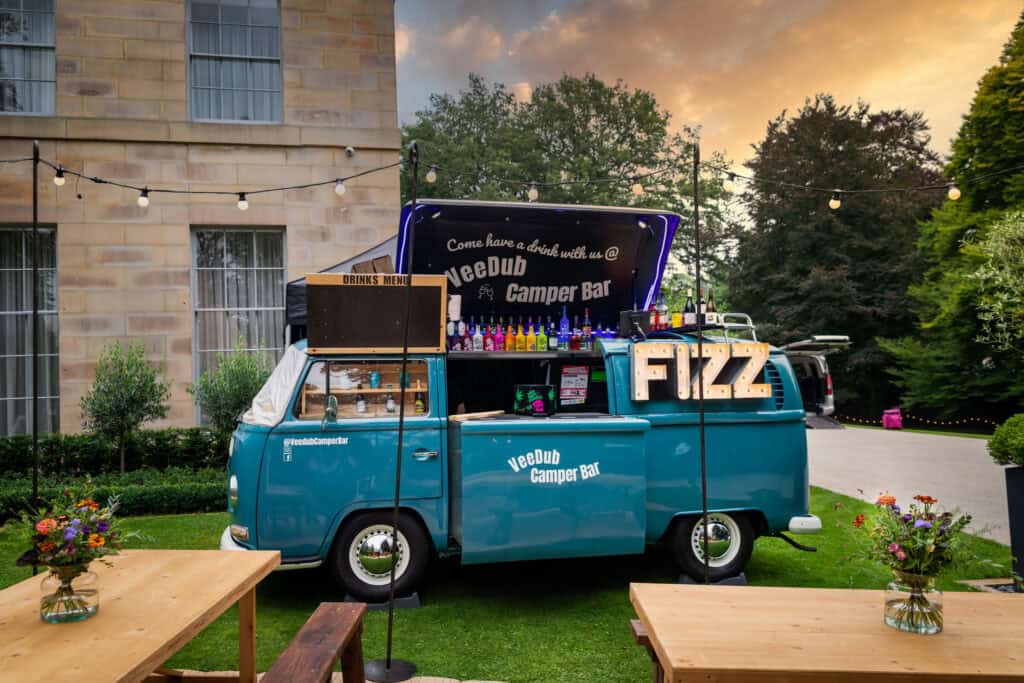 A blue vw bus.