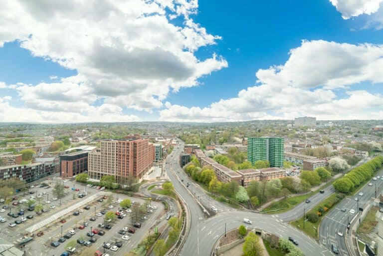 An aerial view of a city.