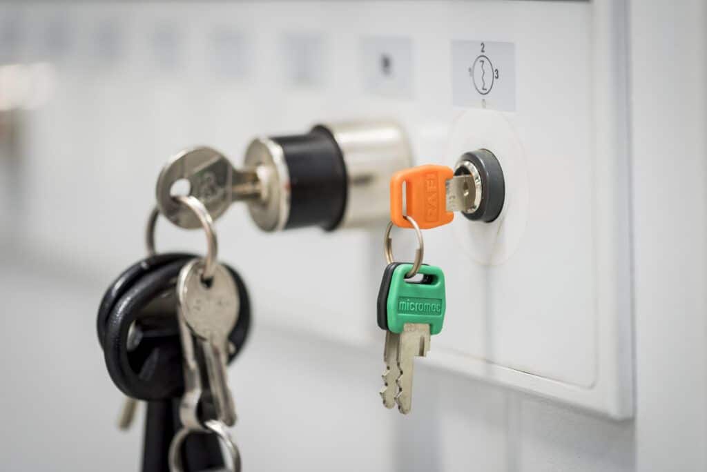 A group of keys hanging on a wall.