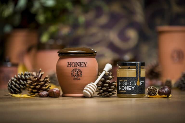 A jar of honey and pine cones on a wooden table.